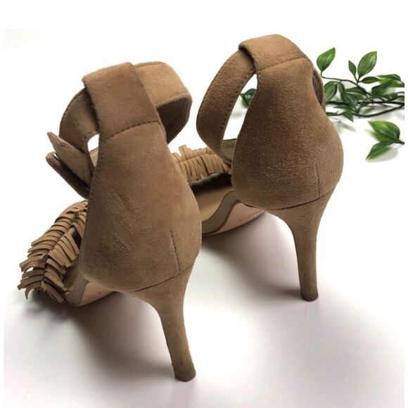 Joie Pippi Fringe Tan Suede Ankle Strap High Heel Shoes Women Sz. 6 - Picture 5 of 7